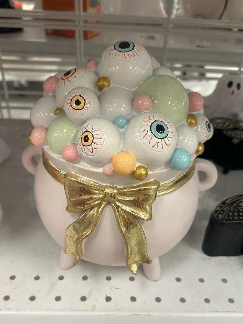 Pastel Pink Cauldron Eyeball Bubble Jar Halloween Figurine w/ Gold Bow